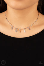 Load image into Gallery viewer, Separated by dainty silver rods, silver letters spell out the word SMILE in a soft, and simple manner. Features an adjustable clasp closure.  Sold as one individual choker necklace. Includes one pair of matching earrings.